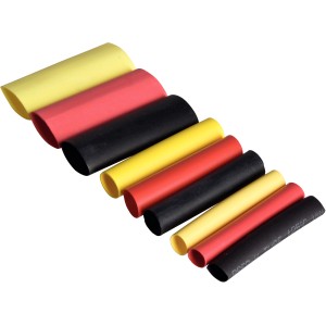 Set assortito di tubi termoretraibili gialli, rossi e neri per dispositivi ad aria calda.