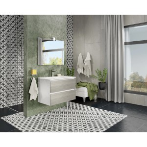 Bagno moderno con mobile lavabo grigio e specchio. Arredo bagno di design.