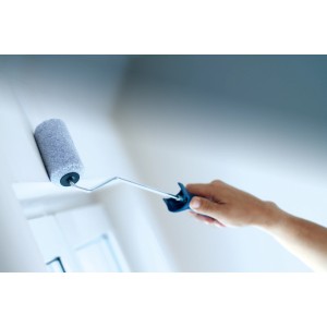 Mano che dipinge la parete con rullo per pittura LUX, 10 cm, con impugnatura morbida. Ideale per superfici lisce.