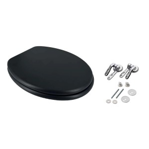 Sedile WC nero con accessori di montaggio per una facile installazione.