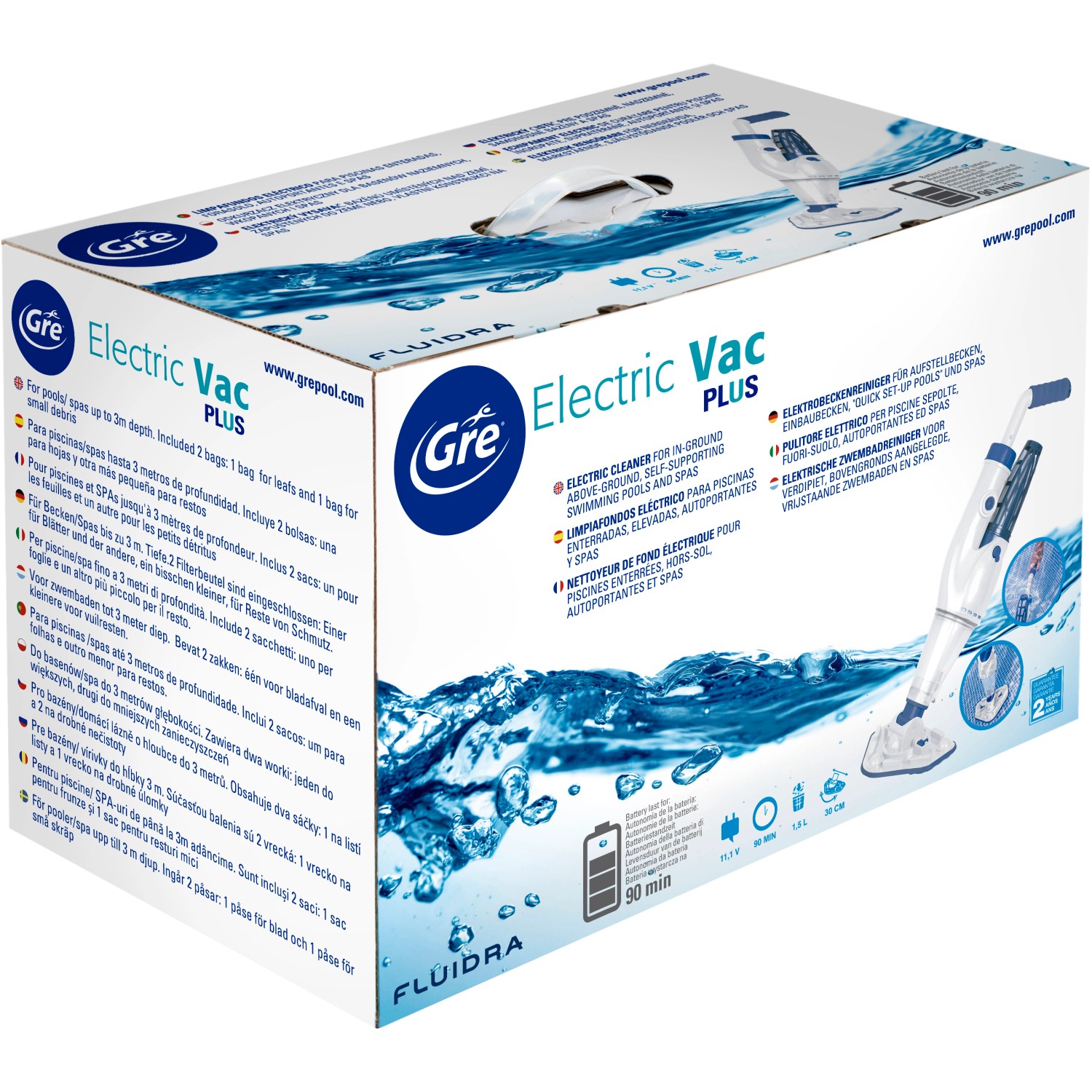 Confezione del pulitore per piscine Gre Electric Vac Plus per piscine e spa.