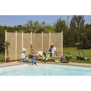 Scena con traliccio t.b.t. a bordo piscina, tosaerba sullo sfondo.