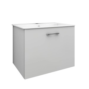 Mobile bagno grigio con lavabo bianco.