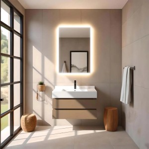 Specchio da parete t.b.t. illuminato in bagno con mobile lavabo e decorazioni.