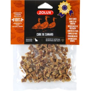 Zolux snack per cani cubetti d'anatra, ingredienti naturali in sacchetto trasparente.