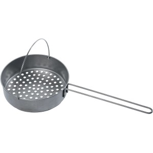 Setaccio metallico per tubi di scarico fumi, accessorio fumisteria, con manico e gancio.