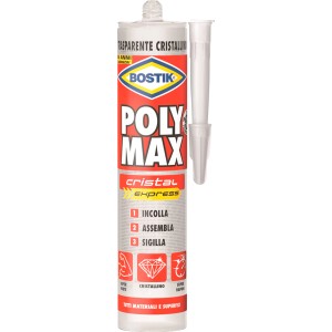 Cartuccia Bostik Poly Max Cristal Express, adesivo e sigillante trasparente per vari materiali.