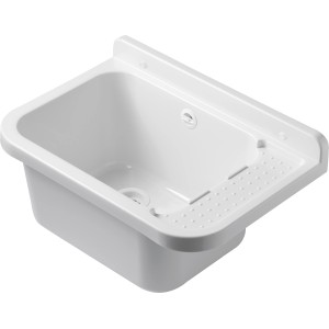 Lavandino t.b.t. bianco in plastica con scolapiatti e supporto a parete.