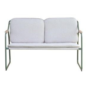 t.b.t. Divanetto da giardino in metallo con cuscini chiari, parte di un set di mobili da giardino.