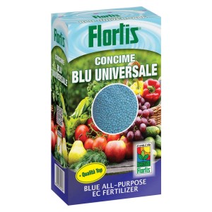 Confezione di fertilizzante universale blu Flortis con illustrazione di verdure.