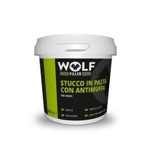 Secchio di stucco pronto all'uso Wolf Filler, bianco, con formula antimuffa.