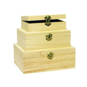 Set di tre scatole di legno grezzo con chiusure in ottone per accessori per artisti.