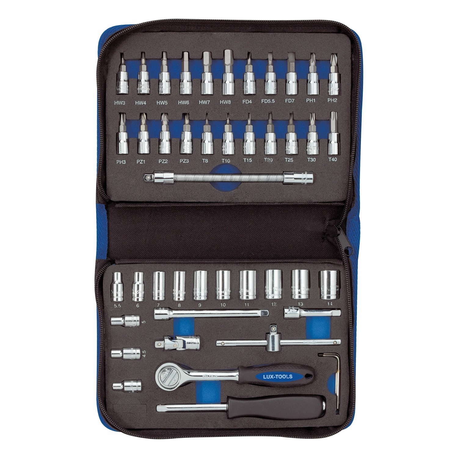 Set di chiavi a bussola LUX Classic 6,3 mm (1/4) 45 pezzi nella custodia aperta.