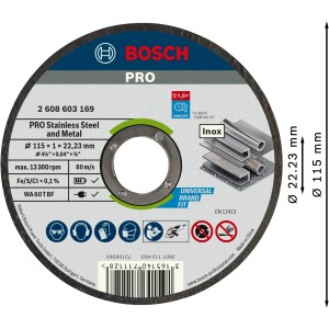 Disco da taglio Bosch Pro 115mm per acciaio inox e metallo, accessorio per smerigliatrice angolare.