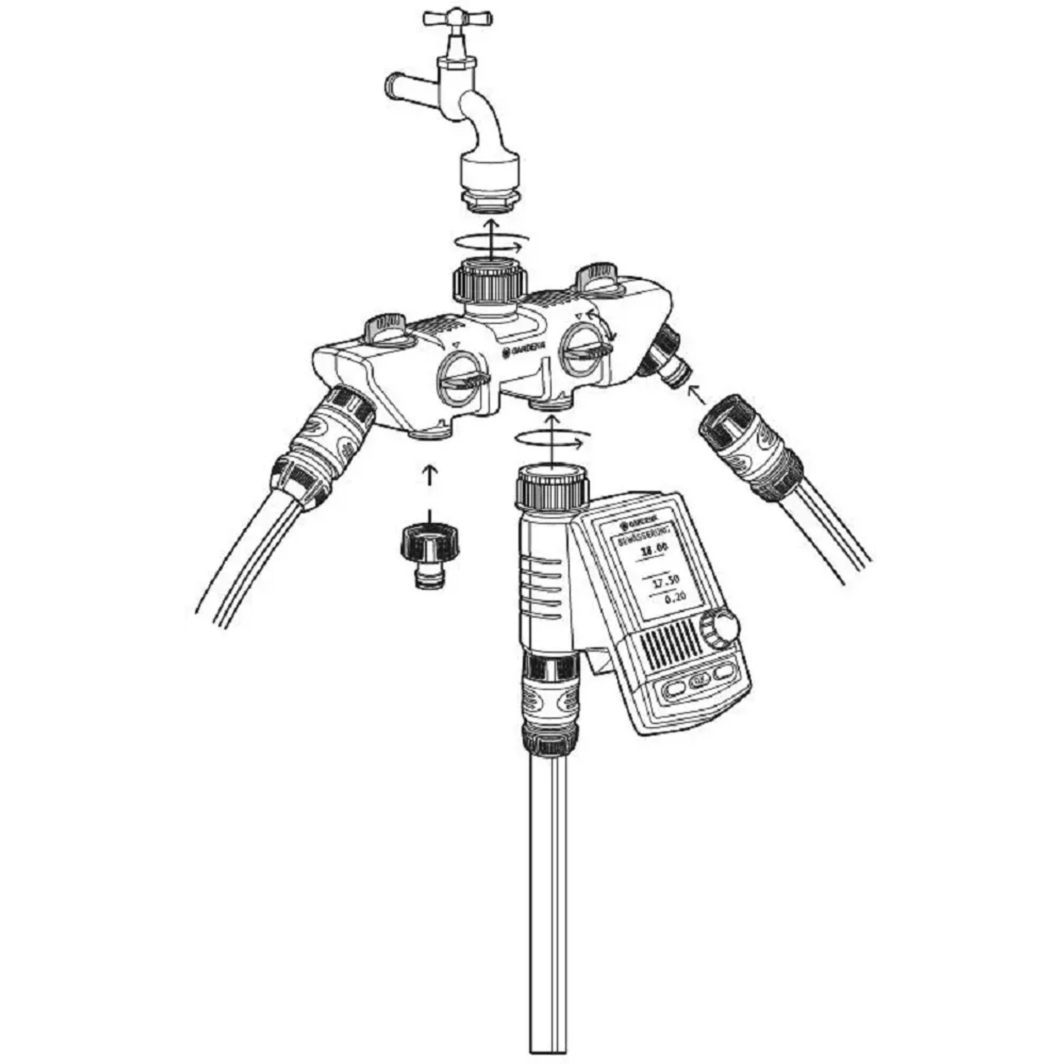 Schizzo: Distributore di irrigazione con raccordo per rubinetto e computer per irrigazione. Raccordi irrigazione.