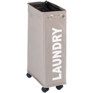 Cesto portabiancheria Wenko Corno color tortora da 43 l, stretto, con ruote e scritta "Laundry".