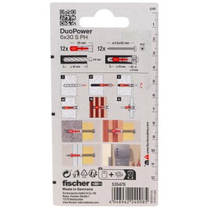 Fischer Tasselli DuoPower 6x30 S PH, confezione da 12, adatti a diversi materiali.