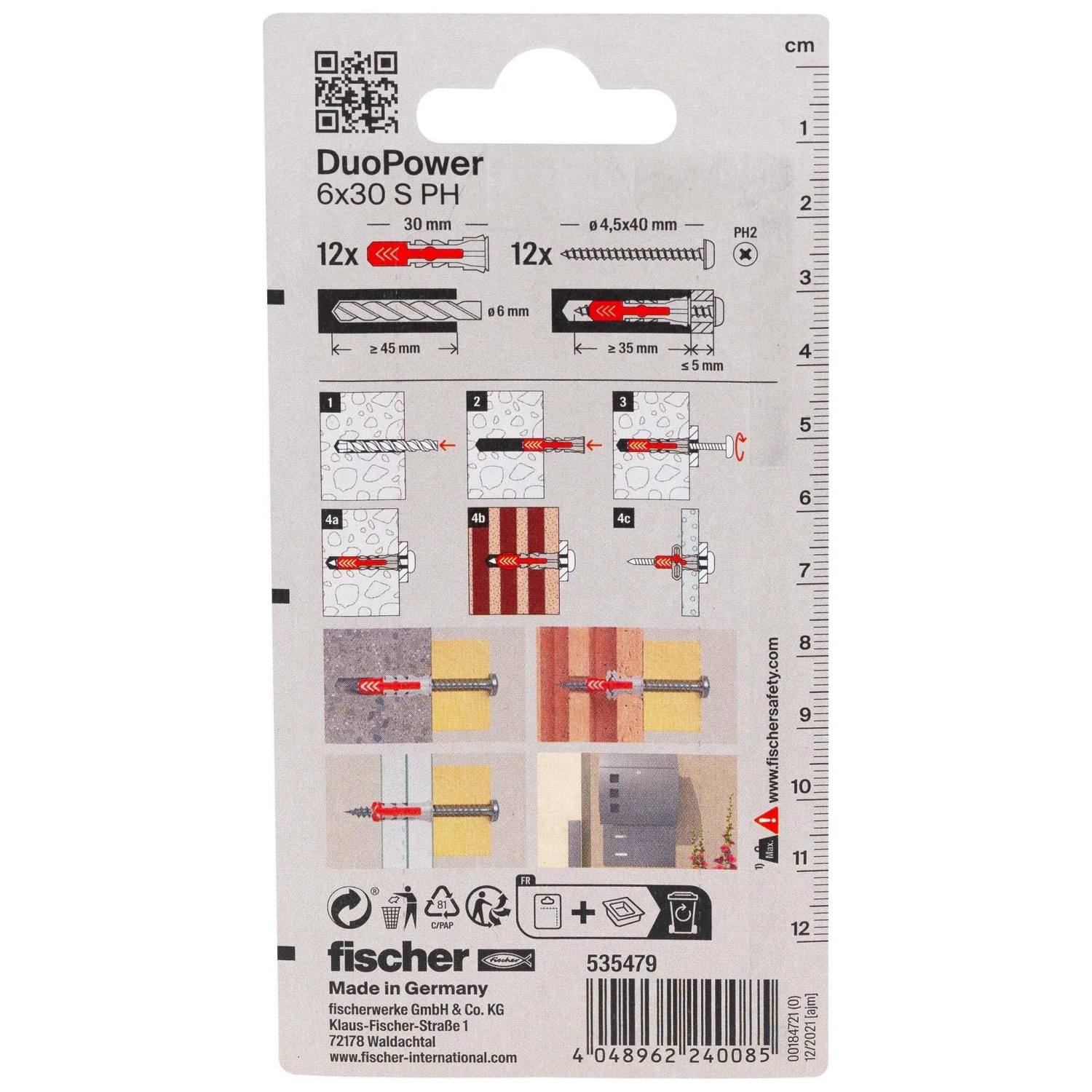 Fischer Tasselli DuoPower 6x30 S PH, confezione da 12, adatti a diversi materiali.