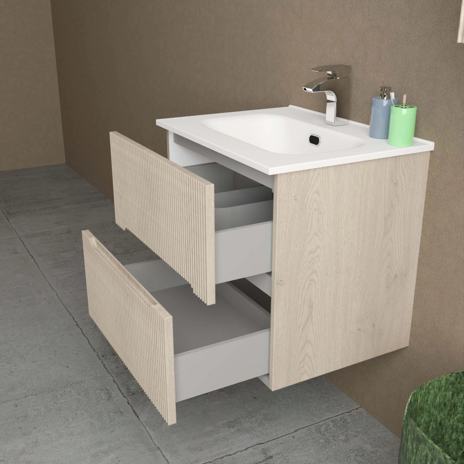t.b.t. Mobile bagno con due cassetti aperti effetto legno.