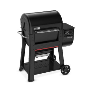 Grill a pellet Weber Searwood nero con controllo digitale e ripiano.