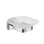 Dispenser sapone t.b.t. con supporto cromato e vassoio in vetro satinato.