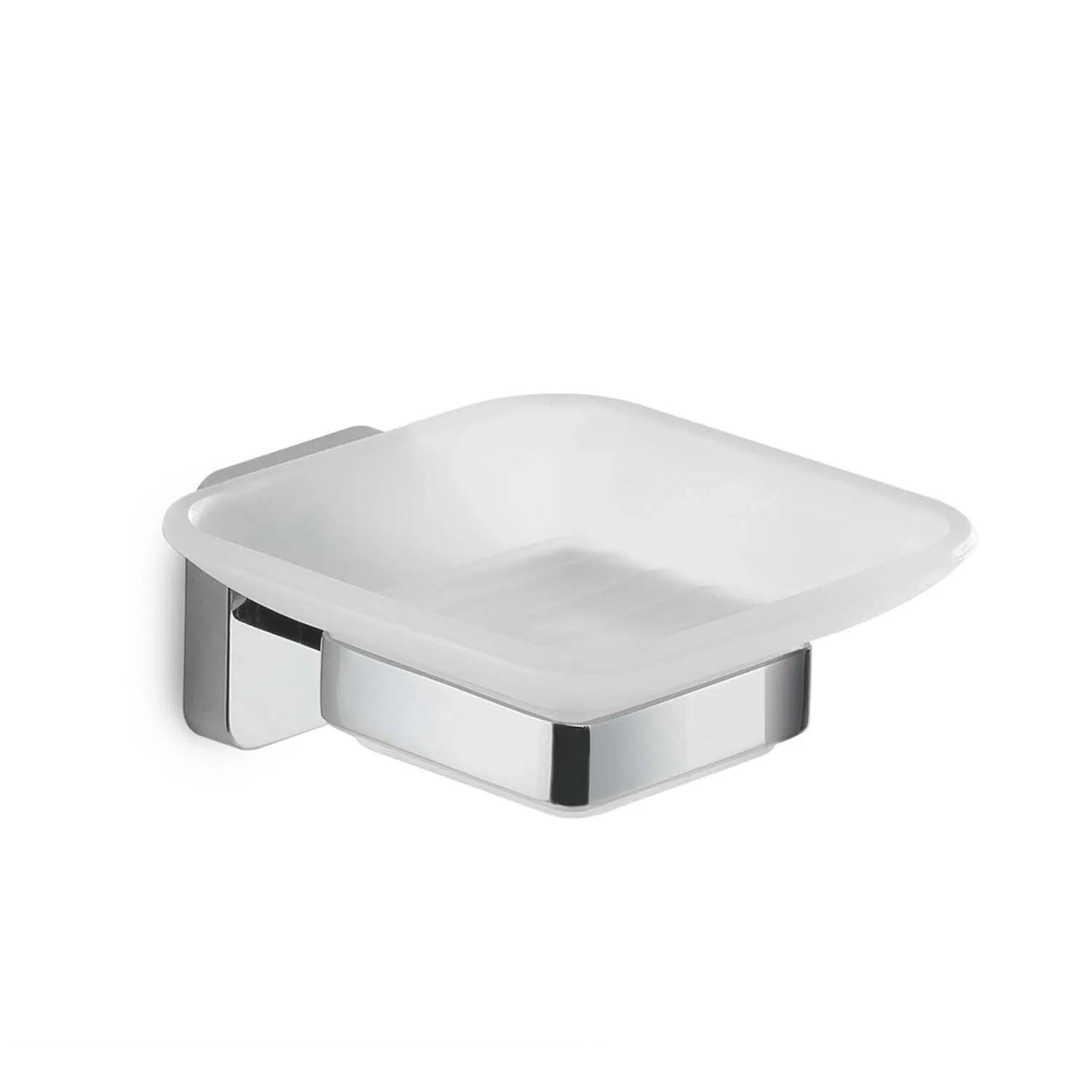 Dispenser sapone t.b.t. con supporto cromato e vassoio in vetro satinato.