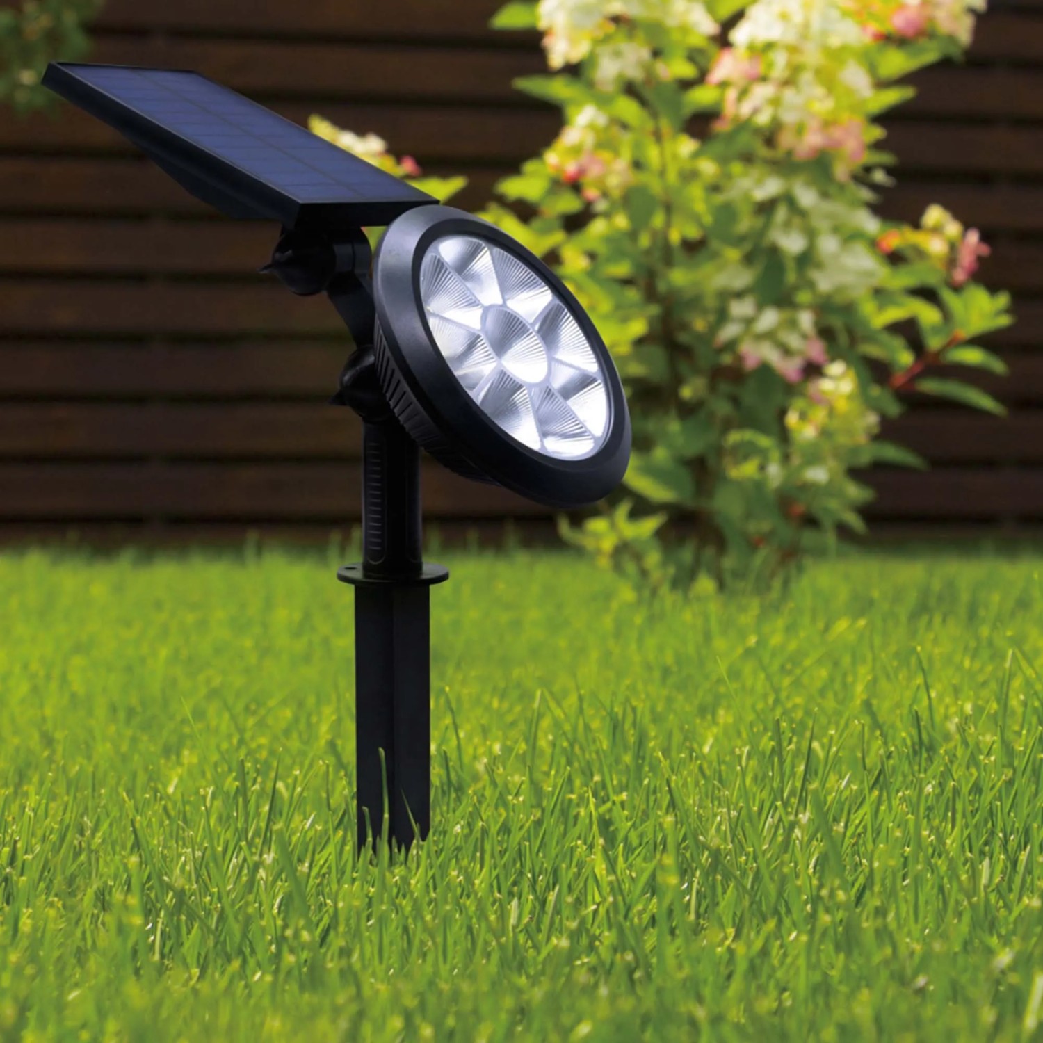 Faretto solare nero t.b.t. per illuminazione decorativa da giardino.