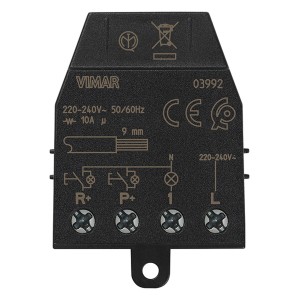Relè nero t.b.t. di VIMAR con dettagli di connessione e marchio CE.