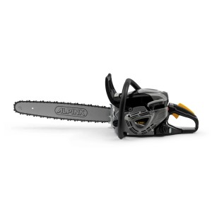 Motosega Alpina grigia con lama e manico su sfondo bianco.