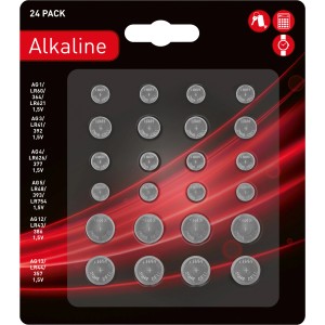 Set di batterie a bottone da 24 pezzi con vari tipi per orologi, calcolatrici e giocattoli.