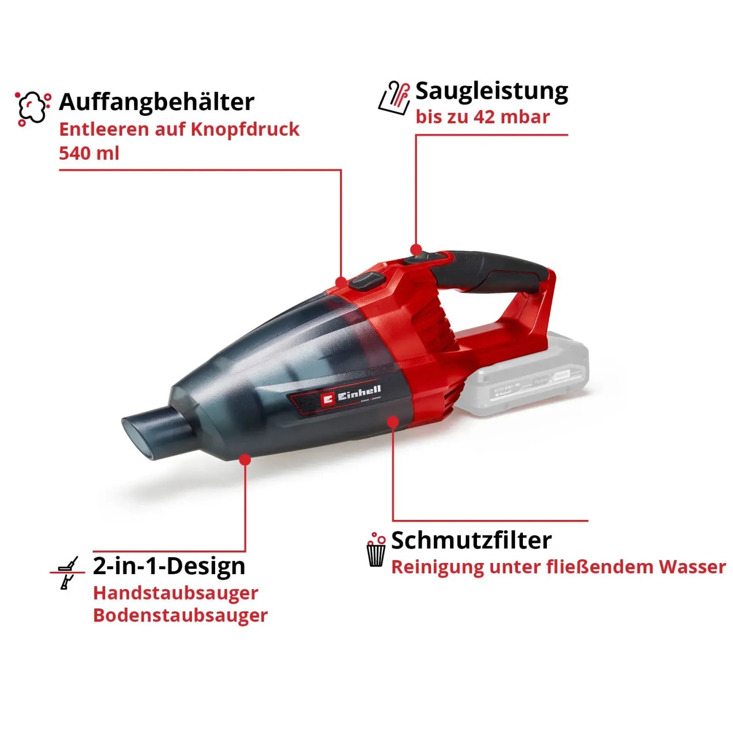 Einhell Power X-Change TE-VC 18 Li Solo aspirapolvere a batteria (batteria non inclusa). Aspirapolvere compatto, rosso con contenitore polvere trasparente.