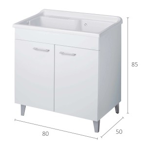 Mobile lavabo bianco con due ante e maniglie argentate. Categoria: Lavatoi.