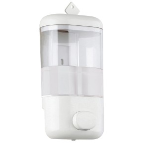 Dispenser sapone bianco da parete, ideale per bagno e cucina.