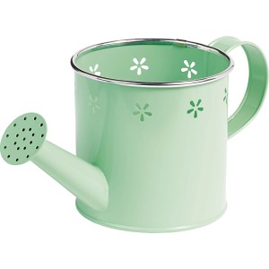 Annaffiatoio decorativo in metallo colorato, verde pastello, con motivo floreale per giardino e balcone.