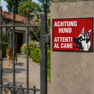 Cartello segnaletico bilingue attenti al cane