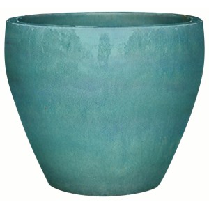 Vaso da fiori in terracotta turchese a forma conica.