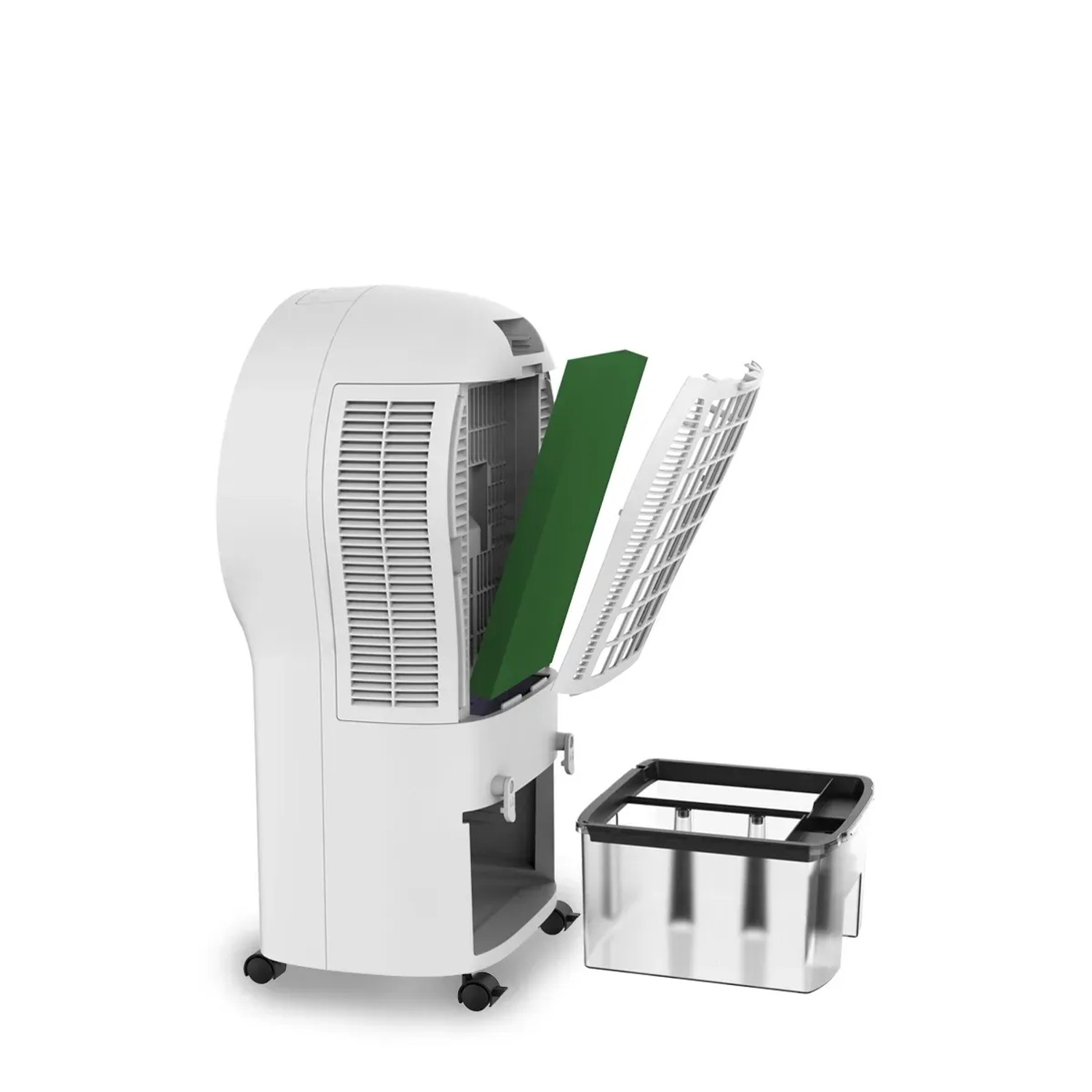 Ventilatore t.b.t. bianco con filtro aperto e serbatoio dell'acqua.