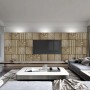 Soggiorno con pannelli decorativi effetto legno sulla parete.