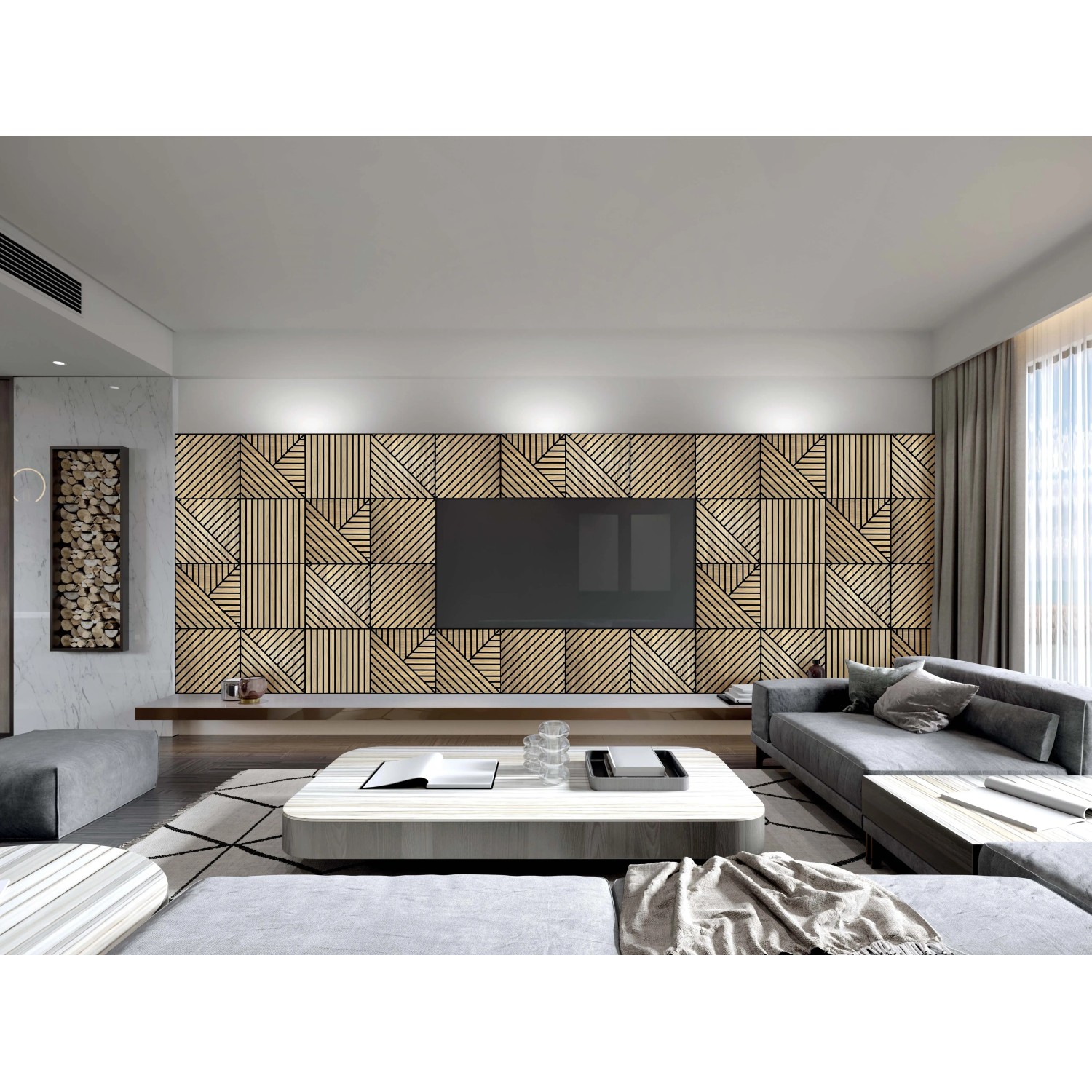 Soggiorno con pannelli decorativi effetto legno sulla parete.