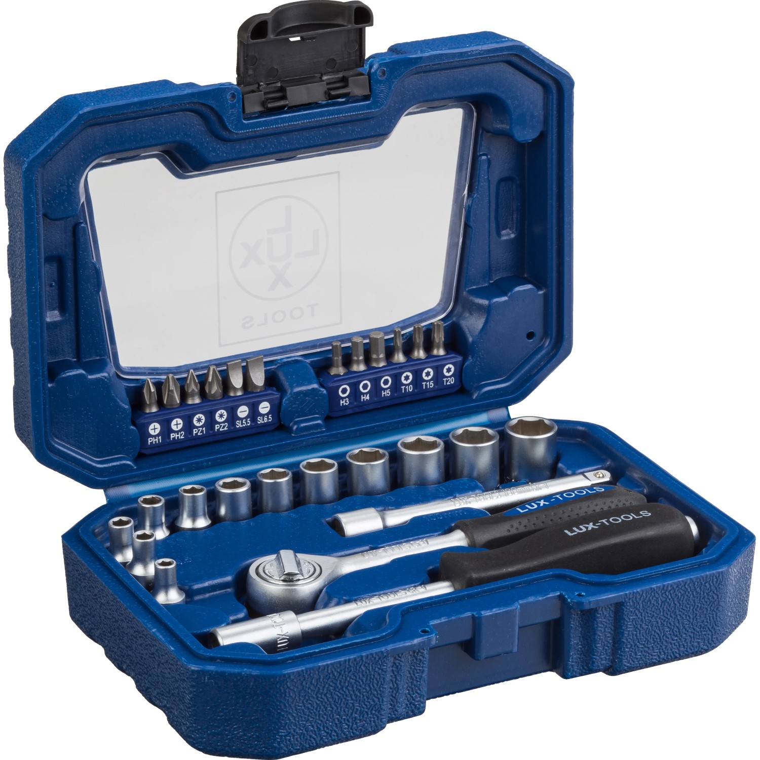 Set di chiavi a bussola LUX Classic, 28 pezzi, con cricchetto, bussole e inserti in custodia blu.