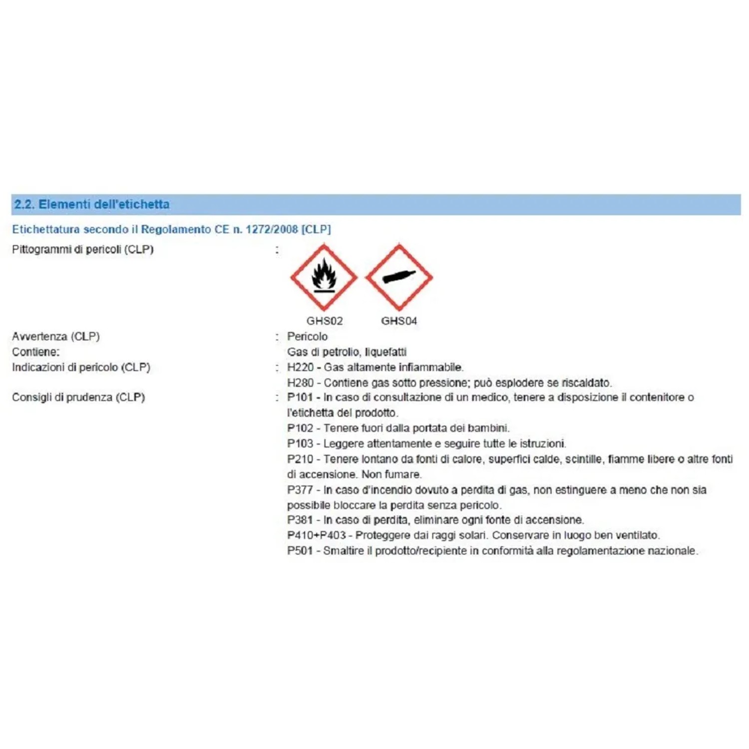 Etichettatura di pericolo: Gas infiammabile e gas sotto pressione secondo il regolamento CLP.