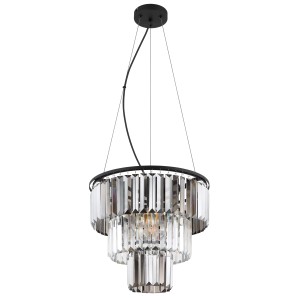 Elegante lampada a sospensione t.b.t. con tre livelli di vetro cristallo trasparente e struttura in metallo nero.