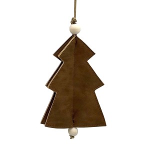 Decorazione albero di Natale t.b.t. marrone in ecopelle con perline di legno.