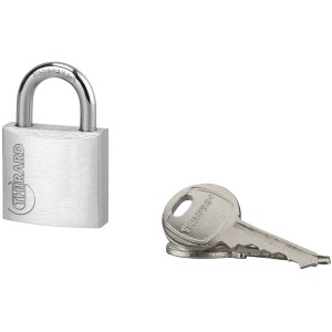 Lucchetto t.b.t. argentato con chiave, ideale per proteggere oggetti di valore.