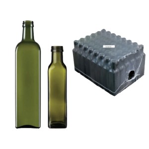 Bottiglie verdi t.b.t. per la raccolta delle olive, singole e confezione.