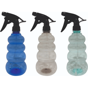Tre nebulizzatori per piante in plastica da 500 ml, blu, trasparente e turchese, con testina nera.