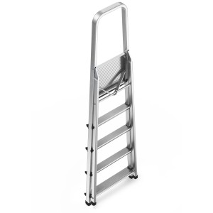 Scala domestica argentata con quattro gradini e maniglione di sicurezza. Ideale per interni.