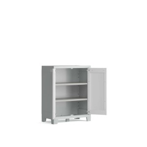 Armadietto da balcone t.b.t. grigio con anta aperta e due ripiani.