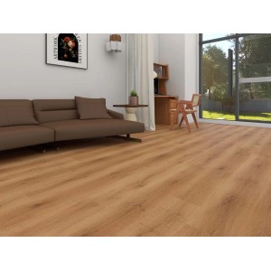 Pavimento vinilico marrone chiaro posato in soggiorno. Atmosfera accogliente.