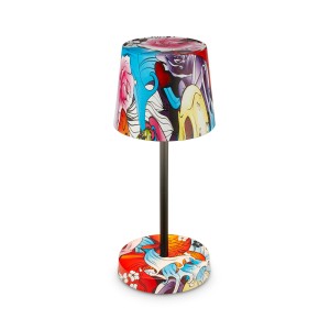 Lampada da tavolo a batteria Brilo Piha con motivo graffiti, dimmerabile e senza fili. Lampada di design per interni ed esterni.